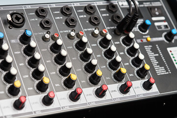 Audio sound mixer amplifier equipment, acoustic musical mixing engineering concept. Sound...