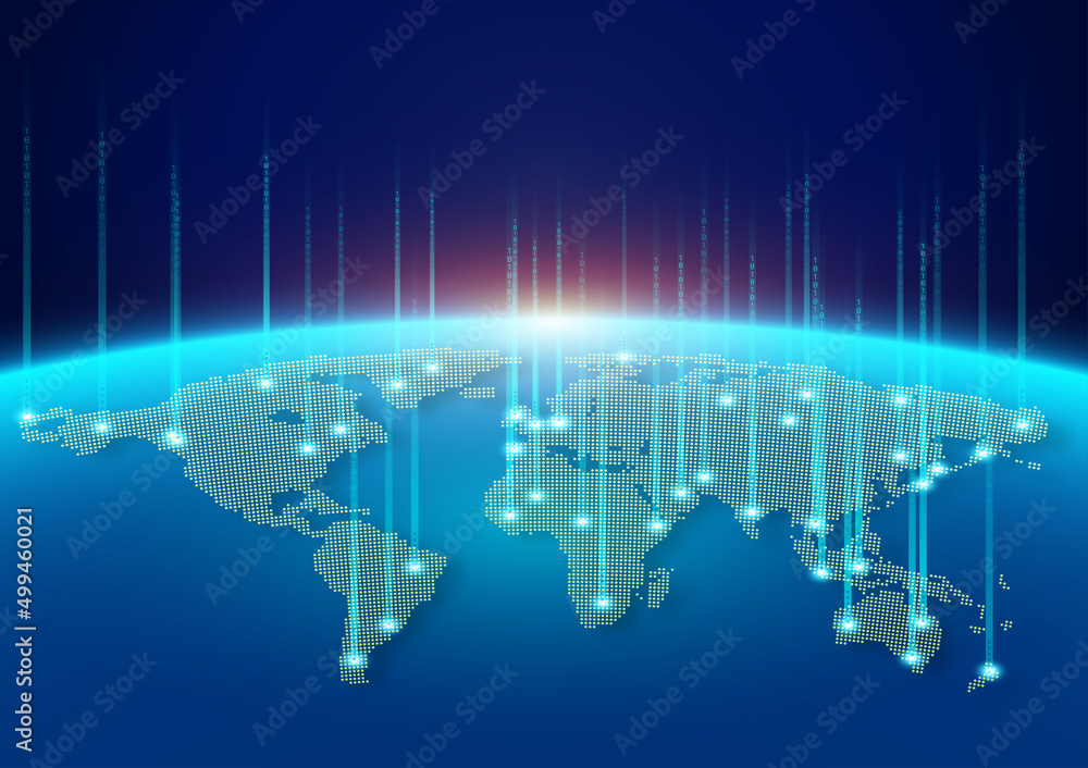 Aufkleber dotted world map with social network connection. map of the planet with blue futuristic light. inter