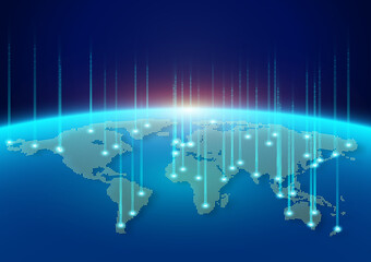 Fototapeta na wymiar Dotted world map with social network connection. Map of the planet with blue futuristic light. Internet and digital technology background. Vector illustration eps10.