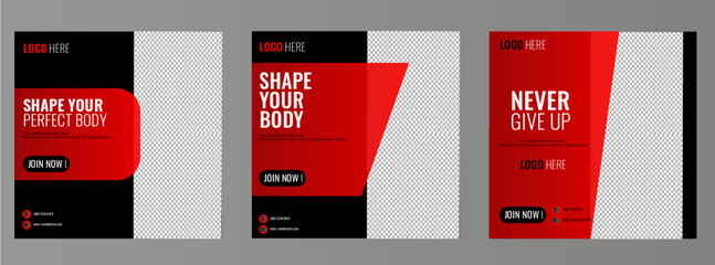 Fitness gym social media post and web banner template design with red-black accent. Set of web banner, flyer or poster for fitness gym conpany offer promotion.