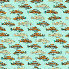 Coral teal shoal of fish linen wash nautical background. Summer coastal style fabric swatches. Under the sea life tropical fishes material. 2 tone green reef dyed textile seamless pattern.