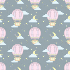 Kids seamless pattern with funny cartoon stylized hot air balloon, flying at night in the sky, surrounded clouds and stars for textile, wallpaper or wrapping paper