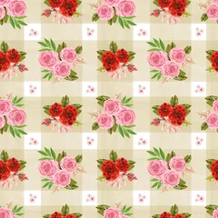  Rose flowers bunches bouquet pattern on plaid background Illustration © HoyaBouquet