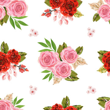 Rose flowers bunches bouquet pattern on white background Illustration for fashion, wrapping, wallpaper
