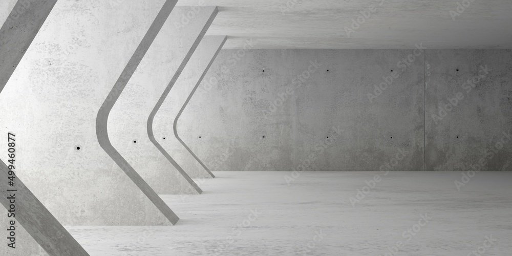 Poster abstract empty, modern concrete room with indirect lighting from left with row of bend walls and rou