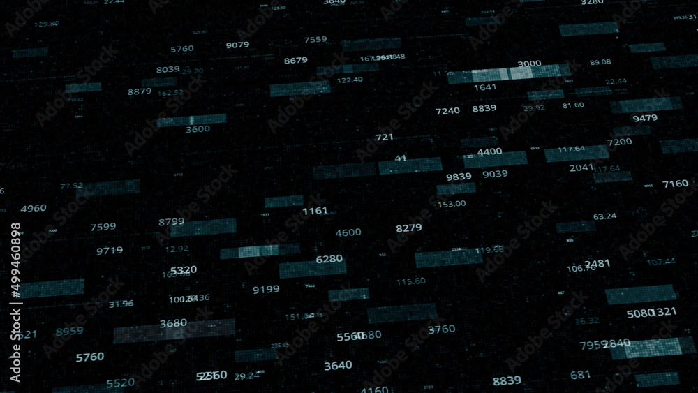 Poster abstract green flowing digital numbers and rectangles on a black background, seamless loop. animatio