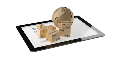 Pin location tracking marker with cardboard boxes or parcels and globe over white background, international transportation, freight or cargo shipping location tracking concept