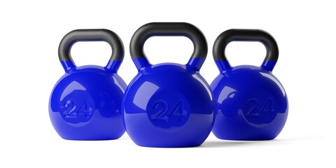 Three blue and black fitness gym kettlebell over white background, muscle exercise, bodybuilding or fitness concept