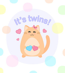 It's twins. Baby shower party. Gender of a child. Pregnancy announcement. Expecting a baby. Happy pregnant mother. Cartoon cat. Greeting card or print design. Blue heart. Kawaii