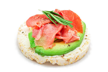 Rice Cake Sandwich with Fresh Avocado, Jamon and Rosemary - Isolated on White. Easy Breakfast. Diet Food. Quick and Healthy Sandwiches. Crispbread with Tasty Filling. Healthy Dietary Snack - Isolation