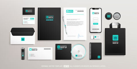 Business Stationery Brand Identity Mockup set with trendy black design. Office stationary items mockup - editable template. Company corporate style design