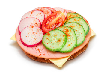 Crispy Cracker Sandwich with Fresh Cucumber, Cheese, Sausage, Radish and Tomato - Isolated on White. Quick and Healthy Sandwiches. Crispbread with Tasty Filling. Healthy Dietary Snack - Isolation