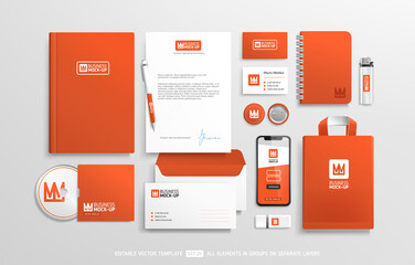 Office Stationery Brand Identity Mockup set with orange color design. Business stationary items mockup - editable template. Company corporate style template