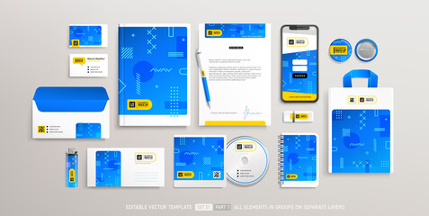 Fototapeta na wymiar Business Stationery Brand Identity Mockup set with trendy abstract graphics design part 1. Office stationary items mockup set - editable template. Company corporate style design