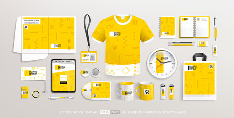 Business Corporate Brand Identity Mockup set with trendy abstract yellow graphics design part 2. Office stationary items mockup - editable template. Company business souvenirs corporate style design
