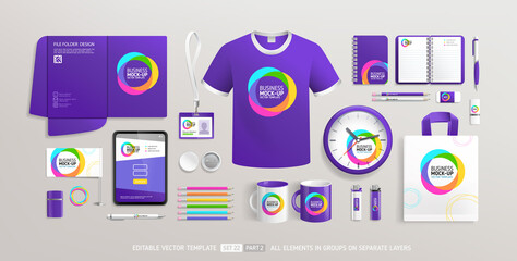 Business Corporate Brand Identity Mockup set with trendy abstract purple graphics design part 2. Office stationary items mockup set  - editable template. Company souvenirs corporate style design - obrazy, fototapety, plakaty