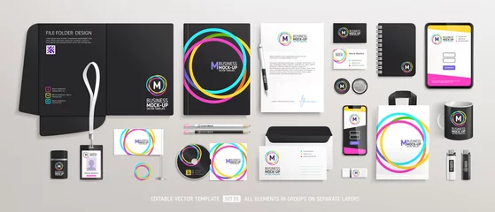 Fotobehang Business Stationery Brand Identity Mockup set with trendy abstract graphics design. Office stationary items mockup - editable template. Company corporate style design © VRTX