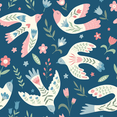 Obraz premium Vector seamless pattern with birds, flowers, leaves, berries in folklore style. Doves of peace. Doodle illustrations with stylized decorative floral elements. For textiles, clothing, bed linen.