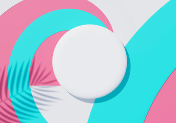 3d render top view of white blank cylinder frame for mock up and display products with shadows of palm leaves, earth tone, and pastel wall background. Creative idea concept. Widow shadow.