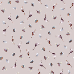 Seamless pattern on a noble pink background of fluffy willow buds. Hand-drawn in watercolor. Suitable for textiles, wallpaper, wrapping paper, Easter cards.