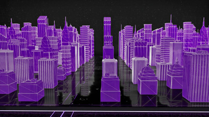 Abstract colorful constructions of a colorful city 3D layout. Animation. Flying above skyscrapers and buildings of a digital town.