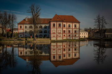 Horni Cerekev village with castle in spring color morning