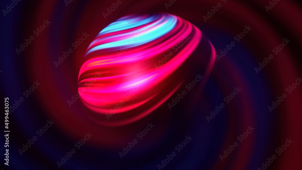Poster abstract spinning energy ball with colorful curving stripes of light on its surface. motion. unknown