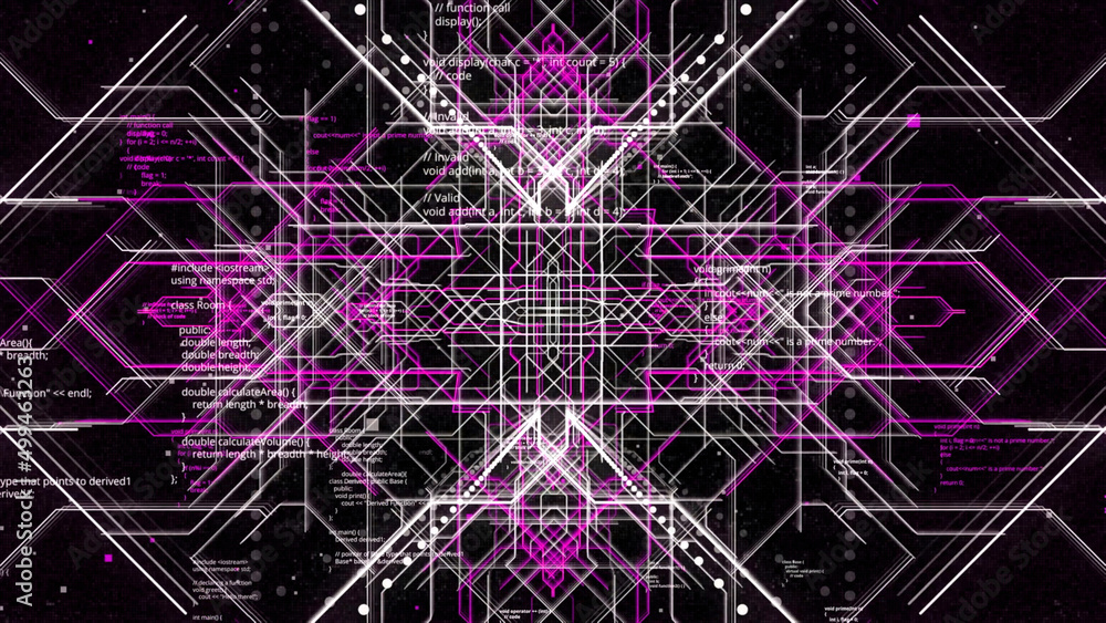 Poster abstract ultraviolet glowing tunnel with flying lines of code, seamless loop. animation. flying thro