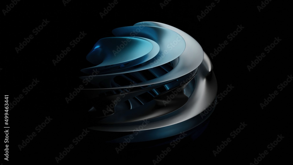 Poster 3d ball of curved layers. design. rotating 3d ball of petals on black background. beautiful ball of 