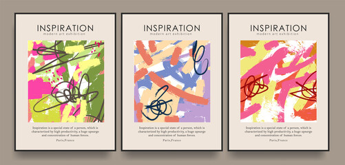 Collection of abstract posters with bristle brush strokes. Vector modern graphics. For print, wall decor and posters