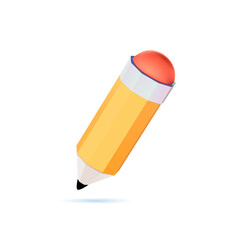 Yellow 3d pencil. Volumetric wooden object for writing and drawing. Embedded pink eraser for deleting errors. Stationery