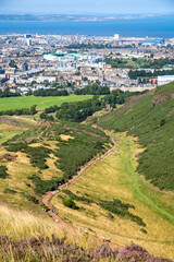 Scotland, Edinburgh.  Holyrood park and ancient volcano. Beautiful panoramic view City of Edinburgh  from the mountain