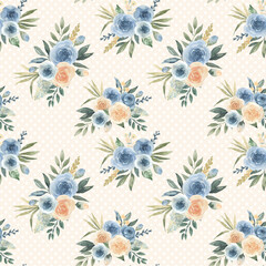 Watercolor seamless pattern with vintage flowers bouquet roses