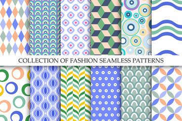 Collection of vector seamless colorful patterns - delicate design. Trendy fashion backgrounds. Abstract unusual creative prints