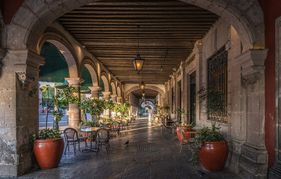 Corridor of Mexico outdoor cafe in Merelia Mexico