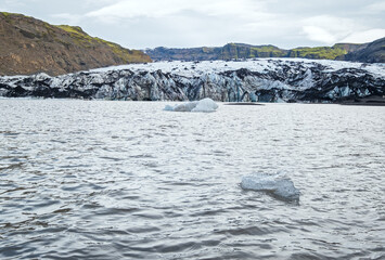 Solheimajokull picturesque glacier in southern Iceland. The tongue of this glacier slides from the...