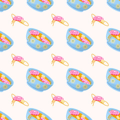 Seamless Pattern Abstract Elements Fast Food Plate Of Noodles Vector Design Style Background Illustration Texture For Prints Textiles, Clothing, Gift Wrap, Wallpaper, Pastel