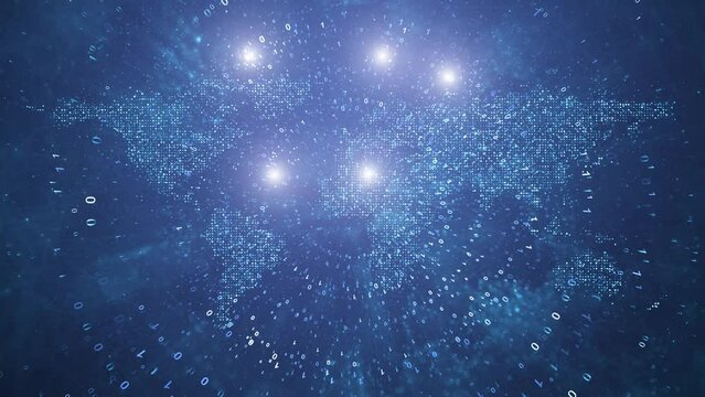 Digital world map binary data lights animation.