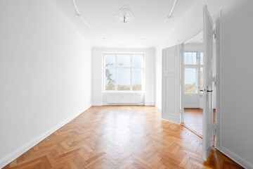 new flat, empty apartment room with wooden parquet floor