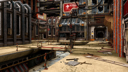 Derelict abandoned post apocalyptic city. 3D illustration.