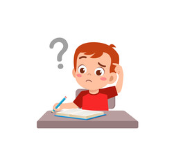 little kid reading book and feel confused