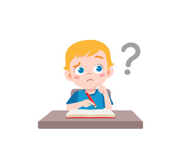 little kid reading book and feel confused