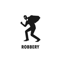 Masked robber carrying bag of stolen items simple black vector silhouette illustration. - obrazy, fototapety, plakaty