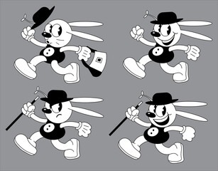set of 1930's vintage cartoon style flat character of a cheerful rabbit with a hat and a walking stick, illustration