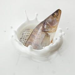Zander fish falls into milk, yoghurt, sour cream, Splash