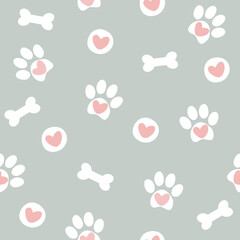 Seamless pattern with pet paw, bone and hearts. Dog footprint background. Vector illustration. It can be used for wallpapers, wrapping, cards, patterns for clothes and other.