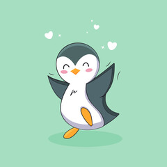 Flat icon cute little penguin with a heart on the green background