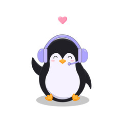 Flat cute little penguins with a headphones and heart