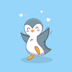 Flat icon cute little penguin with a heart on the blue background