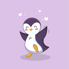 Flat icon cute little penguin with a heart on the pink background